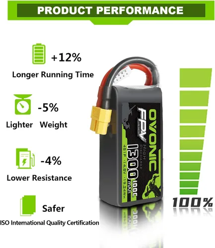 Vista 3 de OVONIC 4s Lipo Batería 100C 1300mAh 14.8V Lipo Batería con XT60 Conector para RC FPV Racing Drone Quadcopter
