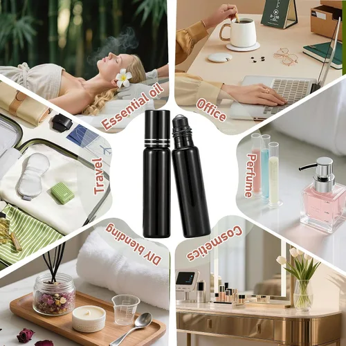 Vista 6 de Kesell Paquete de 6 botellas de rodillo de vidrio negro de 0.3 fl oz, botellas de rodillo de aceite esencial con embudo y aplicador de bola