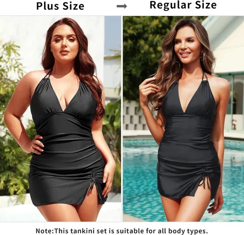 Vista 2 de SouqFone Traje de baño tankini de 3 piezas con cuello en V, control de abdomen y falda inferior de bikini (disponible en tallas grandes)