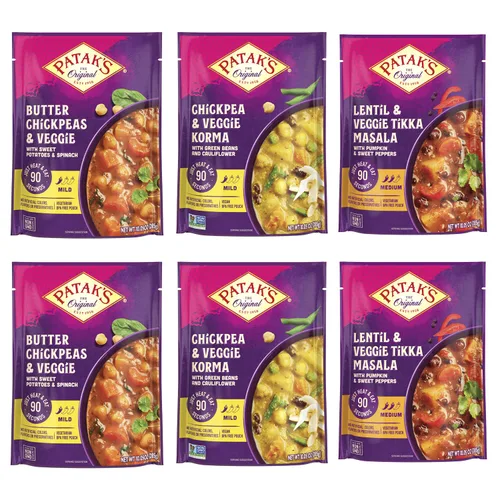 Vista 6 de Patak's Garbanzos con Mantequilla y Vegetales, 10.05 Oz (Paquete de 1) Curry Suave con Garbanzos, Espinaca, Zanahorias, Comidas Vegetarianas Listas