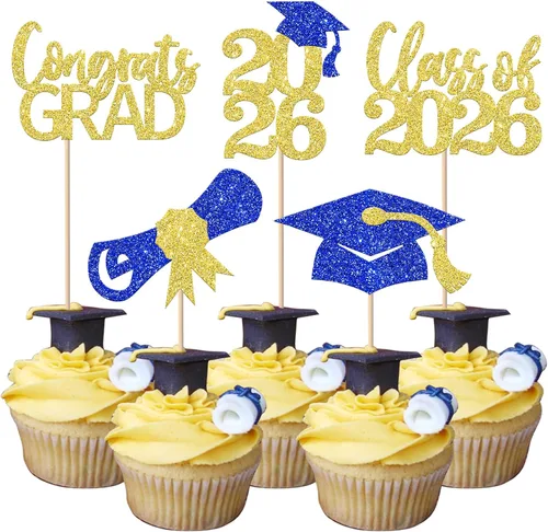 Vista 45 de Paquete de 24 adornos para cupcakes de clase de 2026 con purpurina 2026 para diploma de graduación 2026, selecciones para cupcakes para graduación