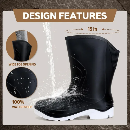 Vista 2 de Botas de lluvia para mujer, botas de jardín de pantorrilla extra anchas, ancho de media pantorrilla, cómodas botas de lluvia para adultos, botas