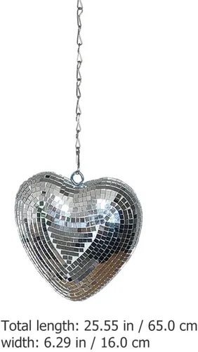 Vista 7 de VILLCASE Bolas de discoteca en forma de corazón, decoraciones de bola de discoteca plateada con cadena adjunta, colgante de luz reflectante para DJ