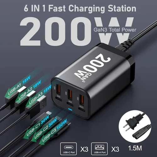 Vista 2 de Bloque de cargador USB C de 200 W, multipuerto, estación de carga rápida, concentrador GaN PPS PD de 100 W, cargador de pared, adaptador