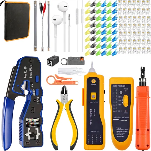 Vista 9 de LEATBUY Juego de crimpadoras CAT5 CAT6 RJ45, herramienta de crimpado Cat5e, 50 conectores, 50 cubiertas, probador de cables LAN de red, pelacables