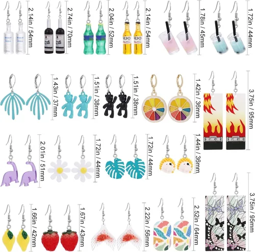 Vista 2 de Juego de 20 pares de aretes mixtos y extraños lindos y divertidos aretes colgantes de resina acrílica y metal para mujeres y niñas anime cosplay