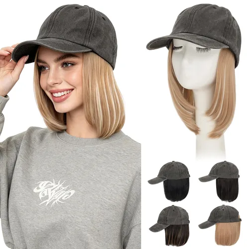 Vista 46 de Hairro Peluca de gorra de béisbol con cabello adjunto, corto estilo Bob ajustable, extensiones de cabello sintético para mujeres, balayage