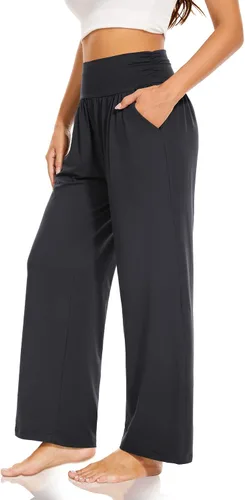 Vista 2 de SUNYAA Pantalones de yoga de pierna ancha para mujer, cintura alta, casuales, holgados, con bolsillos, cómodos pijamas palazzo
