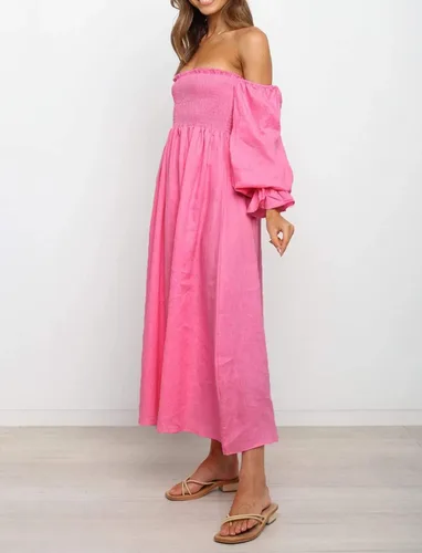 Vista 4 de R.Vivimos Vestido de verano para mujer, de manga larga, casual, estampado a cuadros, fruncido, hombros descubiertos, acampanado, vestido midi