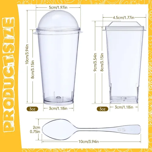 Vista 2 de Nuogo - Paquete de 100 mini tazas de postre de 3 onzas con tapas y cucharas, vasos cuadrados de plástico transparente, recipientes desechables