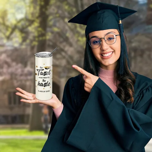 Vista 6 de Regalos de graduación para ella, vaso delgado de graduación personalizado con popote, tapa, 20 onzas, 8 diseños, taza de café de graduación