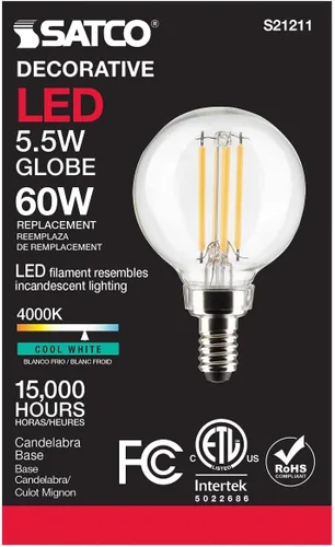 Vista 5 de Satco Bombilla LED E12 de 5.5 W, 4000 K, clasificación de 15000 horas, regulable