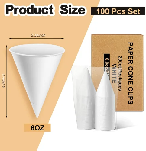 Vista 2 de Roshtia 100 tazas de cono de papel de 6 onzas gruesas desechables para hielo afeitado, dispensador de enfriador de agua para granizados