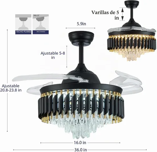 Vista 4 de Ventiladores de techo de cristal regulables de 36 pulgadas con Negro
