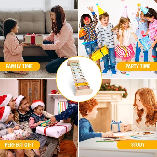 Vista 5 de Stoie's Xilófono de madera para niños y bebés, diseño amigable para niños, xilófono de 8 notas con colores de alegría afinado en C-Key con mazos