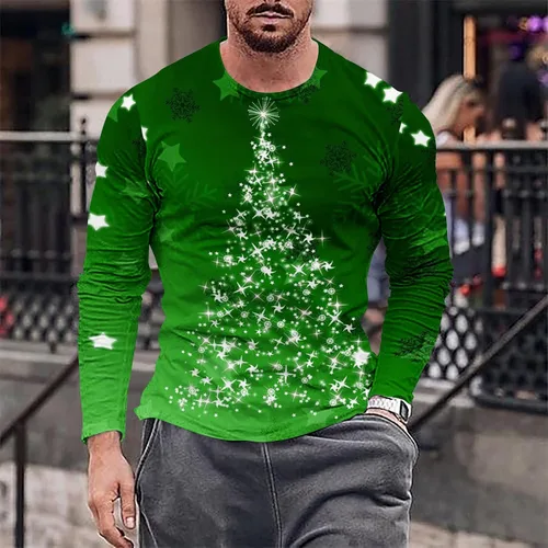 Vista 9 de Camisetas para hombre, diseño gráfico de Navidad, de manga larga, ajuste muscular, para gimnasio, entrenamiento, camiseta casual con cuello redondo