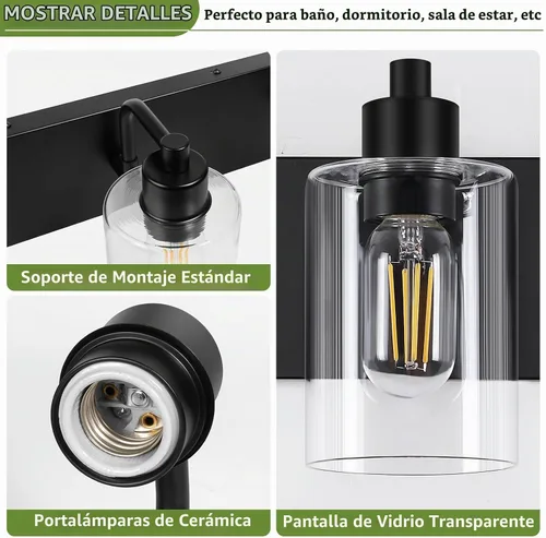 Vista 3 de Dpyrrhic Luces de Baño Negras Mate de 2 Luces Sobre Espejo con Pantalla de Vidrio Transparente, Luminarias Modernas de Baño para Cocina, Sala