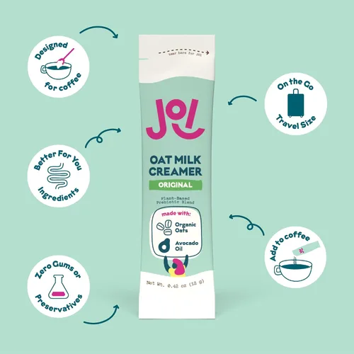 Vista 6 de Crema para café de leche de avena, endulzada en caja de 10 unidades de JOI - Superalimento, vegana, sin lácteos, a base de plantas, kosher, de larga