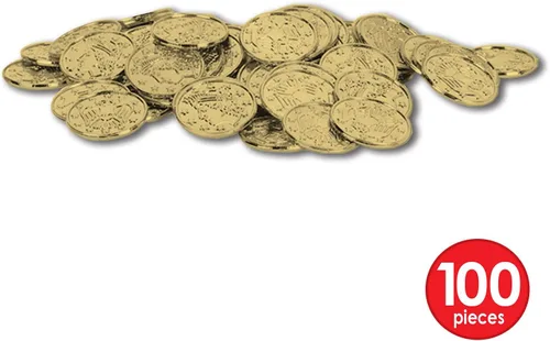 Vista 3 de Beistle 100 monedas de plástico dorado pirata en relieve, suministros temáticos occidentales, recuerdos de fiesta de casino, 1.5 pulgadas Embossed