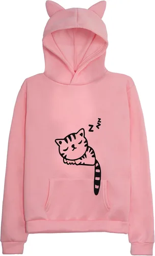Vista 9 de Sudadera con capucha para mujeres y adolescentes con lindo diseño de orejas de gato y gato durmiendo Negro