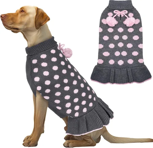 Vista 24 de KYEESE Suéteres para Perros con Agujero para la Correa Suéter Vestido Pequeño de Cuello Alto para Perros para Hembra Tejido de Lunares Cálido Ropa