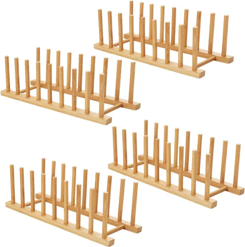 Vista 9 de HBlife - Escurreplatos de madera de acacia con organizador de tapa de olla y plato para gabinete, soporte de tabla de cortar, esculpidor