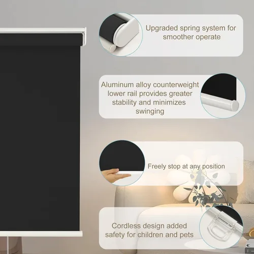 Vista 4 de Changshade - Persianas enrollables 100% opacas para ventanas, sin cordones, con parada libre y valance, persianas enrollables con aislamiento 2-Negro