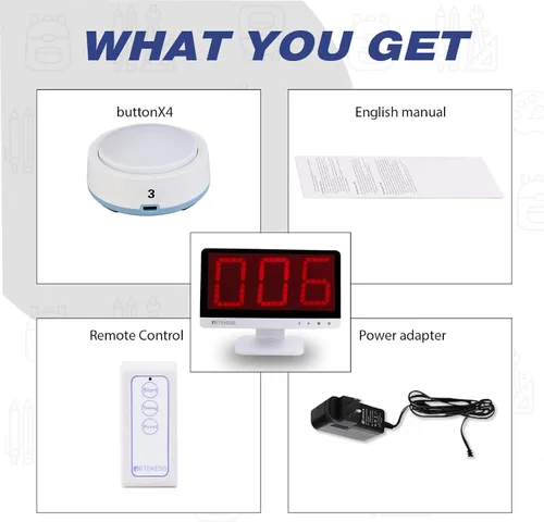 Vista 9 de Retekess Sistema de zumbador inalámbrico TM101, contesta zumbadores con luces y sonido, añade hasta 32 botones, 262 pies, zumbadores de programas