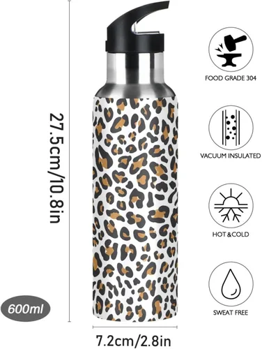 Vista 9 de Botella de agua de acero inoxidable aislada con estampado de leopardo, con popote, 20 onzas, a prueba de fugas, botella de agua deportiva sin BPA
