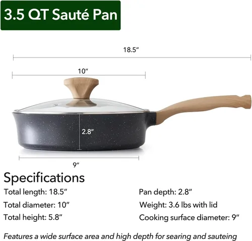 Vista 5 de Sartén antiadherente profunda con tapa, sartén con revestimiento de granito suizo de 3.5 cuartos de galón, sartén antiadherente saludable de 10