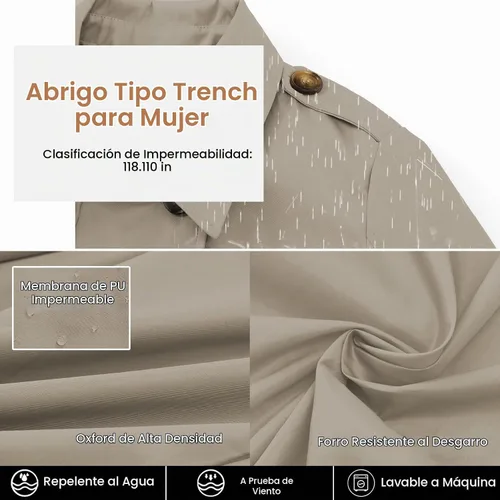 Vista 4 de CREATMO US Gabardina para mujer con doble botonadura clásica con solapa, con cinturón y capucha desmontable Albaricoque
