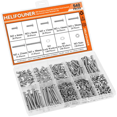 Vista 7 de HELIFOUNER - Juego de 540 piezas M3 x 6mm / 8mm / 12mm / 16mm / 20mm / 25mm / 30mm, tornillos de cabeza de botón, tuercas y arandelas, acero