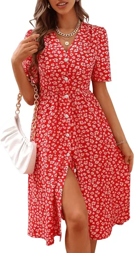 Vista 4 de Floerns Vestido midi de manga corta con cuello en V y botones en la parte delantera para mujer