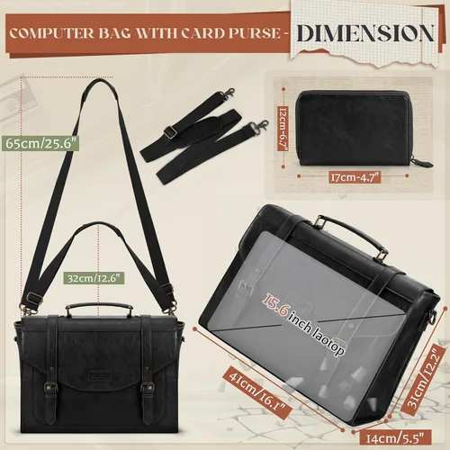 Vista 6 de RAINSMORE Bolso bandolera con solapa para hombre, de piel sintética vintage, estilo retro, de 15.6 pulgadas, con cartera, para laptop
