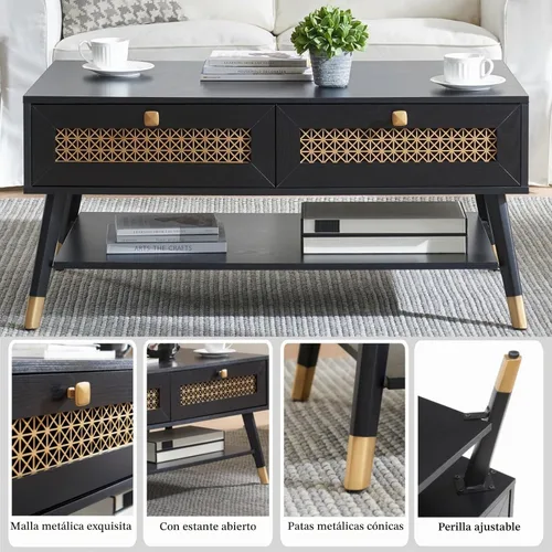 Vista 5 de Mesa de centro negra moderna de mediados de siglo con cajones de almacenamiento y estante abierto, mesa rectangular bohemia de madera maciza