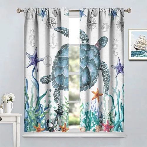 Vista 41 de Cortinas de decoración de playa con océano azul, peces náuticos costeros playeros de verano, conchas marinas, temática infantil, dormitorio, sala