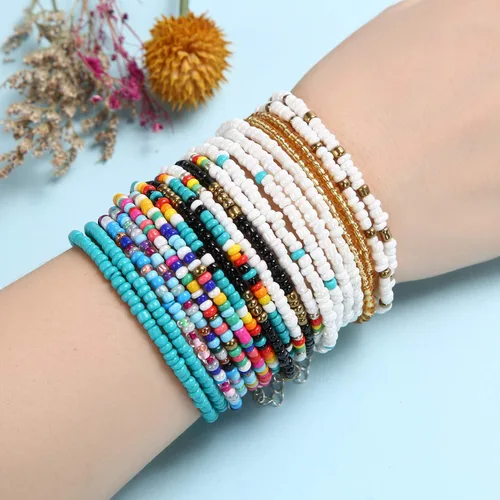 Vista 7 de SCIONE Collar de cuentas, 10 piezas, collar de cuentas de semillas pequeñas, bohemio, hawaiano, blanco, arcoíris, ajustable, coloridos collares