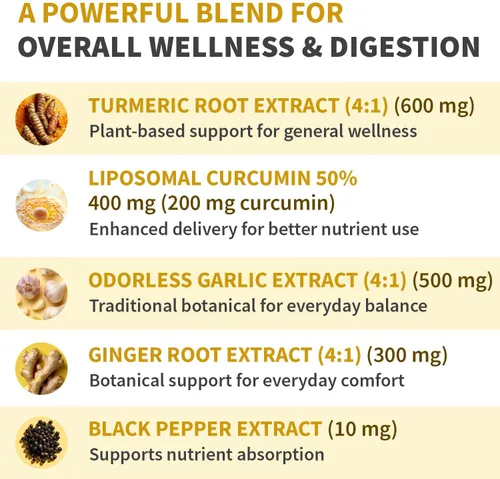 Vista 3 de Cúrcuma liposomal, suplementos de curcumina de alta absorción, mezcla sin OMG para comodidad digestiva y apoyo diario, suplemento de cúrcuma