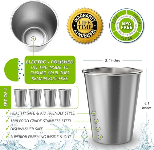 Vista 2 de CHILLOUT LIFE Vasos de acero inoxidable para niños y adultos de 12 onzas – Vasos de metal apilables para el hogar y actividades al aire libre, sin
