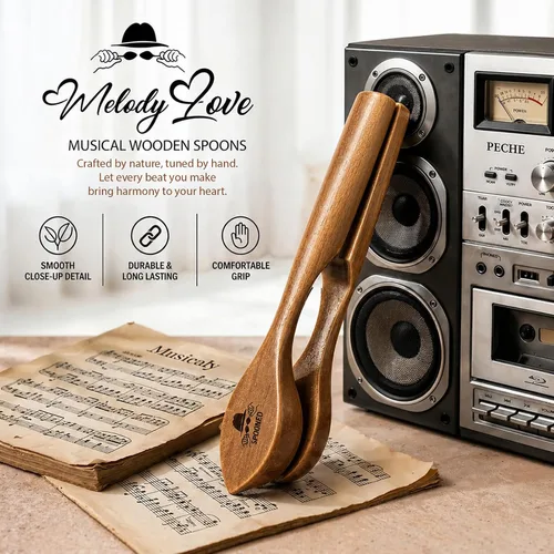 Vista 3 de Cucharas musicales de madera marrón, instrumento de percusión popular, percusión tradicional de los Apalaches celtas irlandeses, cucharas de ritmo