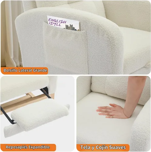 Vista 5 de Garvee Silla mecedora moderna para guardería, cómoda silla mecedora con bolsillo lateral y reposapiés, respaldo alto reclinable para sala