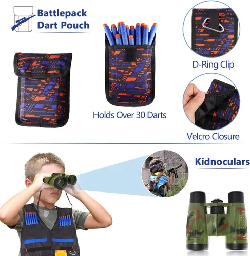 Vista 4 de Paquete de 2 chalecos tácticos para niños, juego de pistolas Nerf N-Strike Elite Series Wars con dardos de repuesto, clips de recarga, bolsa