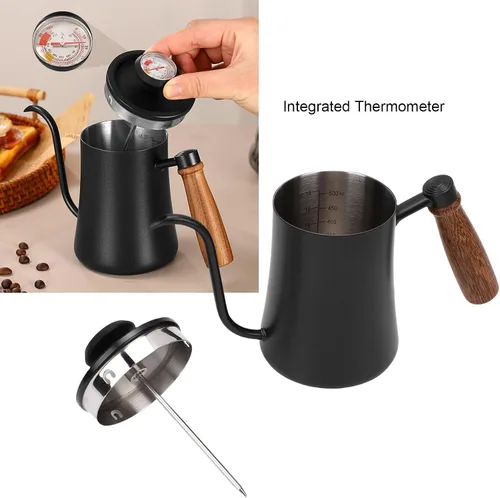 Vista 4 de LICAEVEY Hervidor de cuello de cisne, hervidor de café con termómetro integrado y mango de madera, estufa de acero inoxidable 304 para verter