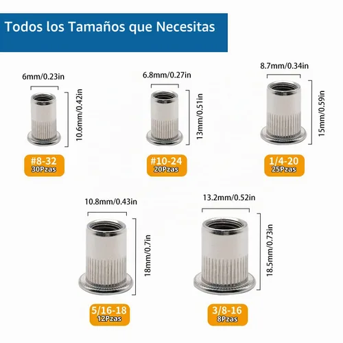 Vista 2 de Kit surtido de tuercas de remache de acero inoxidable de 50 piezas, tuercas de remache de acero inoxidable 1/4"-20 Plateado