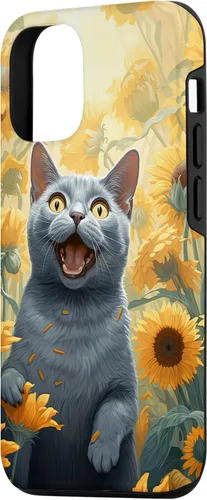 Vista 2 de iPhone 14 divertido gato ruso azul cara con girasol pintura caso