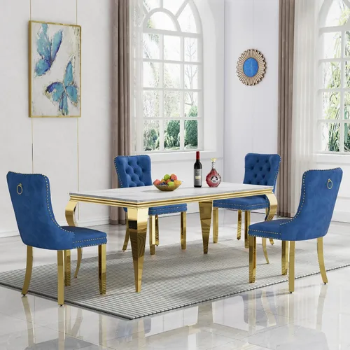 Vista 35 de Juego de 4 mesas de comedor blancas y doradas, mesa de cocina rectangular de 68 pulgadas con parte superior de mármol sintético blanco, mesa de Mesa