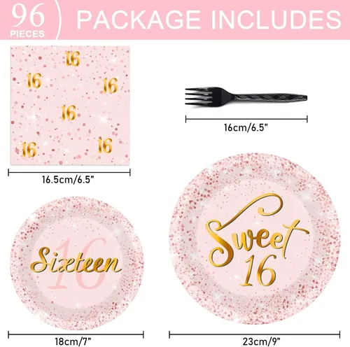 Vista 2 de 96 Piezas Platos y Servilletas de Fiesta de Cumpleaños Sweet 16 Color Oro Rosa Suministros para Fiestas Juego de Vajilla para Fiesta de Dieciséis