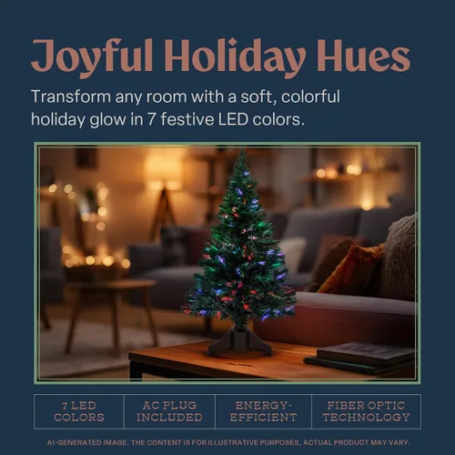 Vista 5 de Flexible Flyer Pequeño árbol de Navidad de fibra óptica. Decoración de Navidad de mesa multicolor LED preiluminada de 32 pulgadas, 2 pies y 8