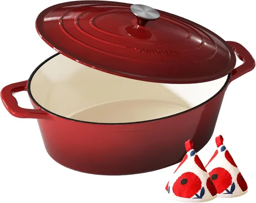 Vista 14 de Horno holandés de hierro fundido esmaltado, olla de 7.5 cuartos de galón con tapa y agarraderas de algodón, utensilios de cocina resistentes