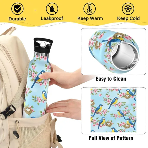 Vista 4 de Water Bottle for Kids with Straw Leakproof Sports Water Bottle for Kids for Boys Girls 20oz, BPA-Free, Blue Yellow Birds